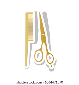 Barber shop sign. Vector. Golden gradient icon with white contour and rotated gray shadow at white background.