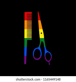 Barber shop sign. Vector. Icon with colors of LGBT flag at black background.