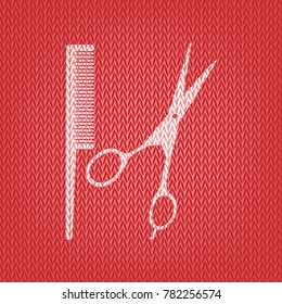 Barber shop sign. Vector. Knitted white icon on a red knitted background.