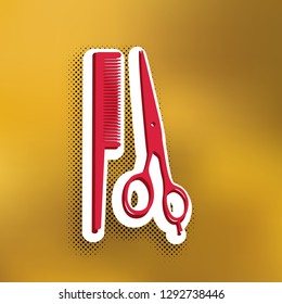 Barber shop sign. Vector. Magenta icon with darker shadow, white sticker and black popart shadow on golden background.