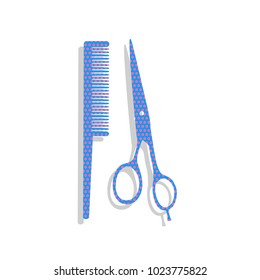 Barber shop sign. Vector. Neon blue icon with cyclamen polka dots pattern with light gray shadow on white background. Isolated.