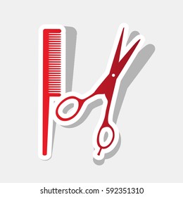 Barber shop sign. Vector. New year reddish icon with outside stroke and gray shadow on light gray background.