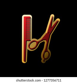 Barber shop sign. Vector. Red icon with small black and limitless shadows at golden sticker on black background.