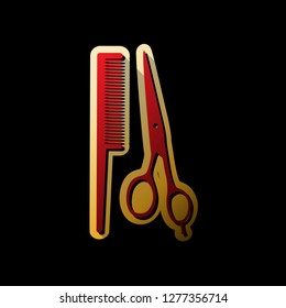 Barber shop sign. Vector. Red icon with small black and limitless shadows at golden sticker on black background.