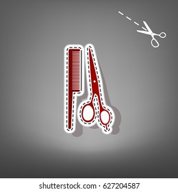 Barber shop sign. Vector. Red icon with for applique from paper with shadow on gray background with scissors.