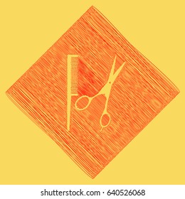 Barber shop sign. Vector. Red scribble icon obtained as a result of subtraction rhomb and path. Royal yellow background.