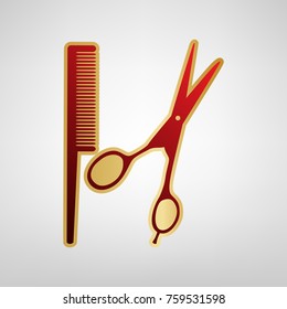 Barber shop sign. Vector. Red icon on gold sticker at light gray background.