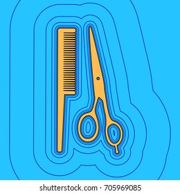 Barber shop sign. Vector. Sand color icon with black contour and equidistant blue contours like field at sky blue background. Like waves on map - island in ocean or sea.