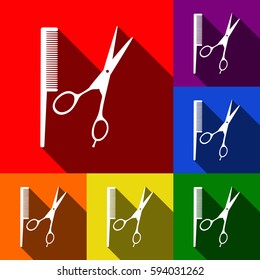 Barber shop sign. Vector. Set of icons with flat shadows at red, orange, yellow, green, blue and violet background.