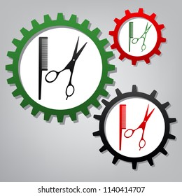 Barber shop sign. Vector. Three connected gears with icons at grayish background.