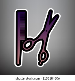 Barber shop sign. Vector. Violet gradient icon with black and white linear edges at gray background.