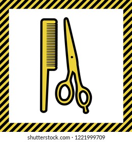 Barber shop sign. Vector. Warm yellow icon with black contour in frame named as under construction at white background. Isolated.
