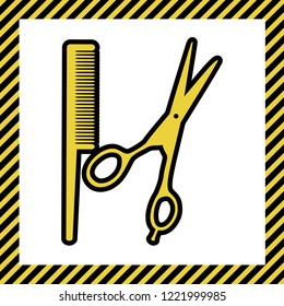 Barber shop sign. Vector. Warm yellow icon with black contour in frame named as under construction at white background. Isolated.