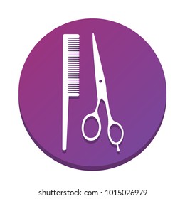 Barber shop sign. Vector. White icon with flat shadow on purpureus circle at white background. Isolated.