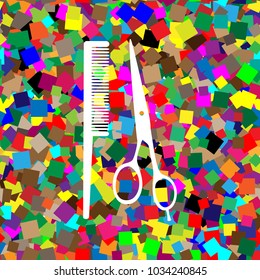 Barber shop sign. Vector. White icon on colorful background with seamless pattern from squares.