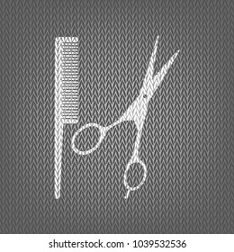 Barber shop sign. Vector. White knitted icon on gray knitted background. Isolated.