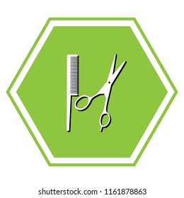 Barber shop sign. Vector. White icon with black shadow at yellow green honeycomb on white background.