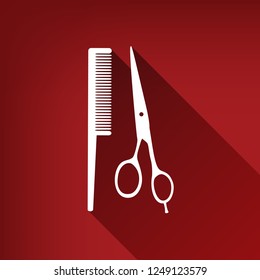 Barber shop sign. Vector. White icon with limitless shadow at ruby red background.