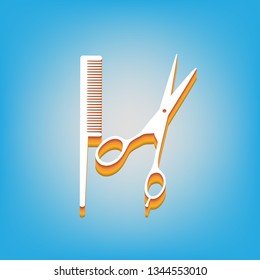 Barber shop sign. Vector. White icon with 3d warm-colored gradient body at sky blue background.