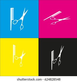 Barber shop sign. Vector. White icon with isometric projections on cyan, magenta, yellow and black backgrounds.