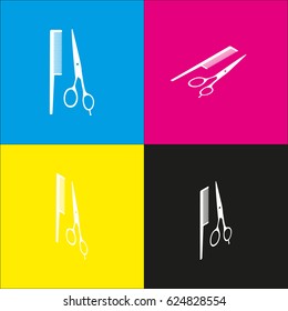 Barber shop sign. Vector. White icon with isometric projections on cyan, magenta, yellow and black backgrounds.