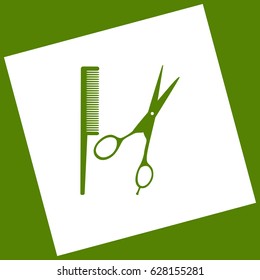 Barber shop sign. Vector. White icon obtained as a result of subtraction rotated square and path. Avocado background.
