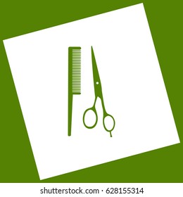 Barber shop sign. Vector. White icon obtained as a result of subtraction rotated square and path. Avocado background.
