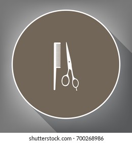 Barber shop sign. Vector. White icon on brown circle with white contour and long shadow at gray background. Like top view on postament.