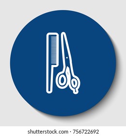 Barber shop sign. Vector. White contour icon in dark cerulean circle at white background. Isolated.