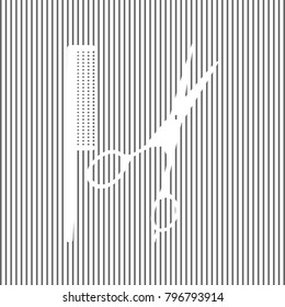 Barber shop sign. Vector. White icon on grayish striped background. Optical illusion.