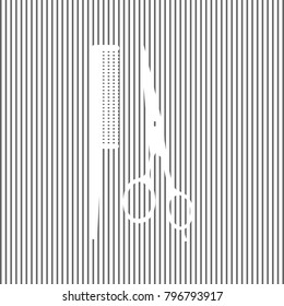 Barber shop sign. Vector. White icon on grayish striped background. Optical illusion.