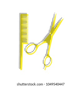 Barber shop sign. Vector. Yellow icon with square pattern duplicate at white background. Isolated.