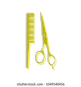 Barber shop sign. Vector. Yellow icon with square pattern duplicate at white background. Isolated.