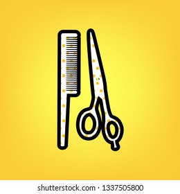 Barber shop sign. Vector. Yellow polka dot white icon with black contour at warm yellow background.