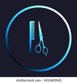 Barber shop sign. White, cyan and blue gradient icon as round button in white shell at dark blue background. Illustration.