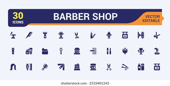 Barber shop solid icons set. Containing scissors, blow dryer, comb, salon chair, and hair products. Minimal filled icons collection. Vector illustration.