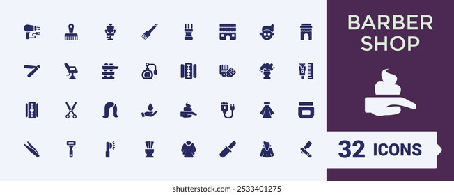 Barber shop solid icons set. Containing scissors, blow dryer, comb, salon chair, and hair products. Minimal filled icons collection. Vector illustration.