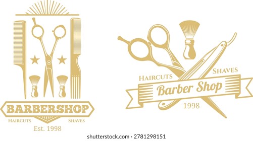 Barber shop storefront sign vector illustration with scissors and comb icons