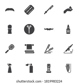 Barber shop supplies vector icons set, modern solid symbol collection, filled style pictogram pack. Signs, logo illustration. Set includes icons as shaving razor blade, scissors, hairdressing trimmer