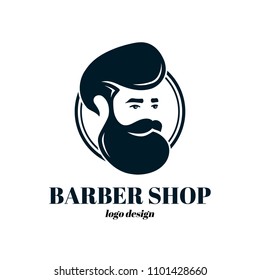Barber shop template logo design. Vector illustration icon. Isolated on white background. Hipster man, vintage barber shop concept
