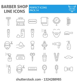 Barber shop thin line icon set, hairstyle symbols collection, vector sketches, logo illustrations, hair care signs linear pictograms package isolated on white background, eps 10.