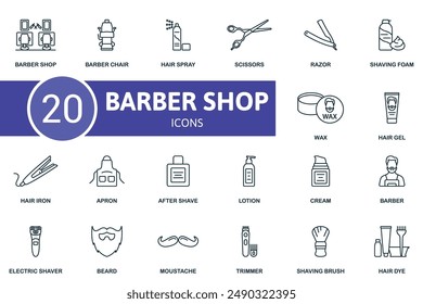 Juego de iconos de línea fina Barber Shop. Peluquería, Silla de peluquería, Spray para el cabello, Tijeras, Afeitadora, Espuma de afeitar, Cera, Gel para el cabello, Plancha para el cabello, Iconos de delantal y más