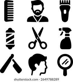 Barber Shop Tools e Haircut Icons Set, Um conjunto abrangente de ícones modernos barber shop, incluindo ferramentas essenciais como pentes, tesouras, navalhas e garrafas de spray etc