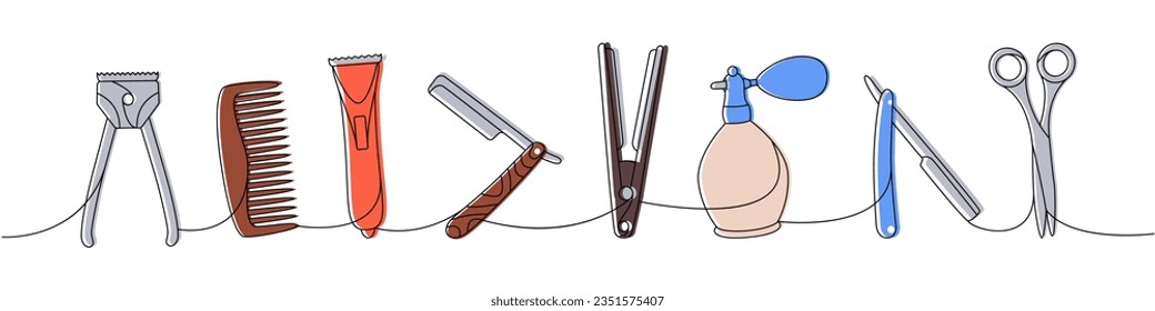 Barber shop herramientas de dibujo continuo de una línea de color. Clipper, comb, cuchilla de afeitar, alisador, perfume, tijeras de una línea de ilustración continua.