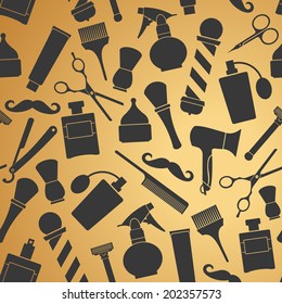 Barber shop tools seamless pattern with golden vintage background