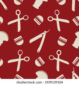 Barber shop tools vector seamless pattern background. White ochre red backdrop with scissors, razor blades, comb, brush.Hairdressing equipment design for male self care or hair cutting business
