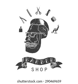 Barber shop. Trendy elements about hairdresser theme. Hipster logotype. Isolated. Rubber stamp.