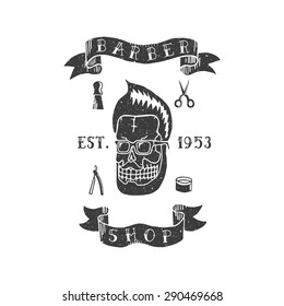 Barber shop. Trendy elements about hairdresser theme. Hipster logotype. Isolated. Rubber stamp.