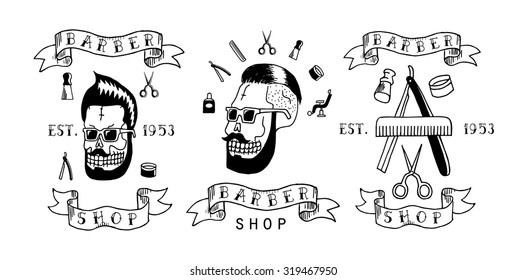 Barber shop. Trendy elements about hairdresser theme. Hipster logotype. Isolated. 