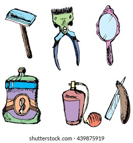 Barber shop. Vector. Drawn by hand. Items for hairdressers.